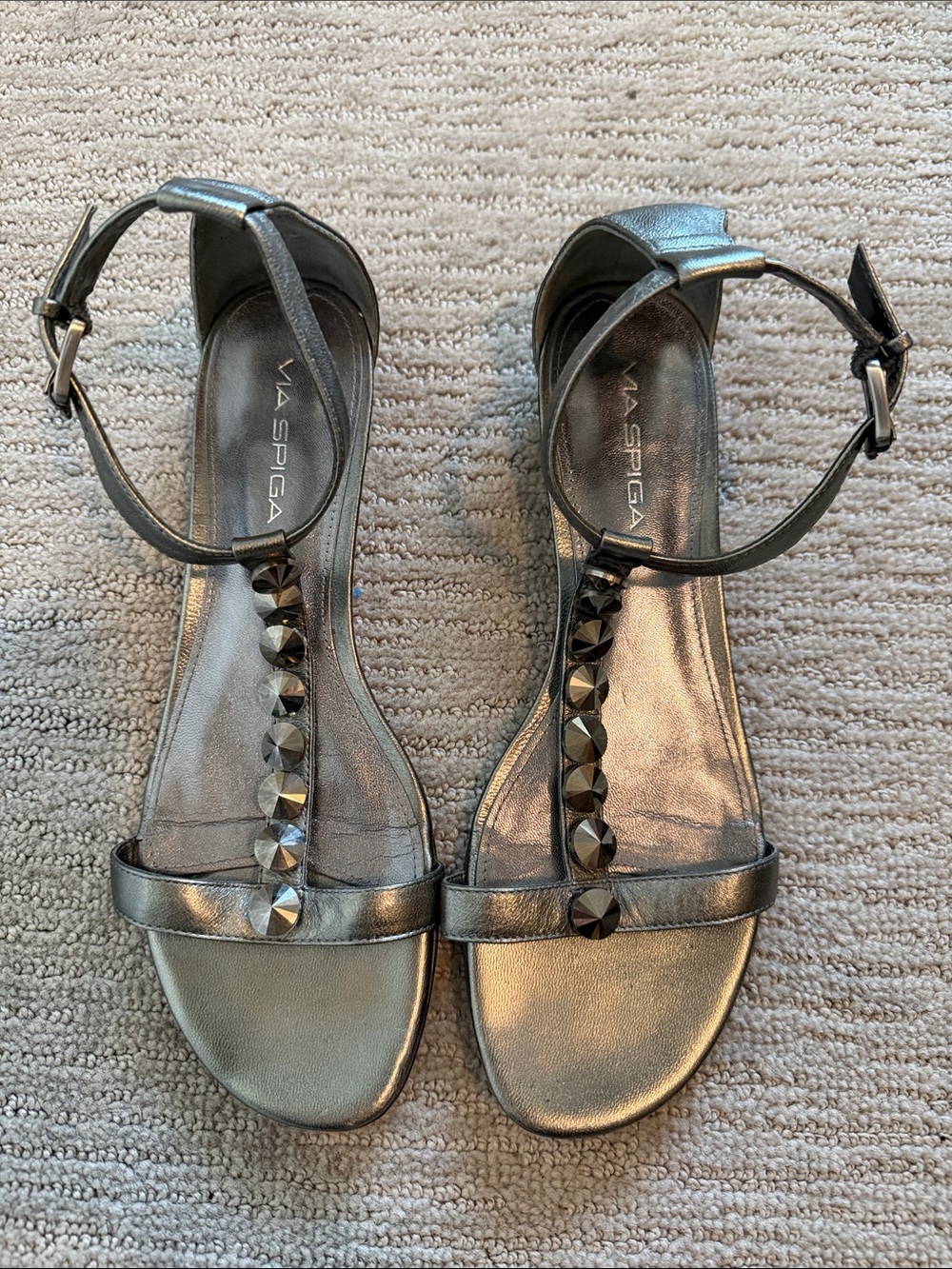 Via Spiga Metallic Gunmetal T-Strap Stud Sandals